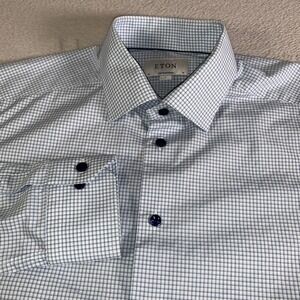 Eton Shirt‎ Mens 16 41 Large Blue Check Contemporary Long Sleeve Cotton FLAW